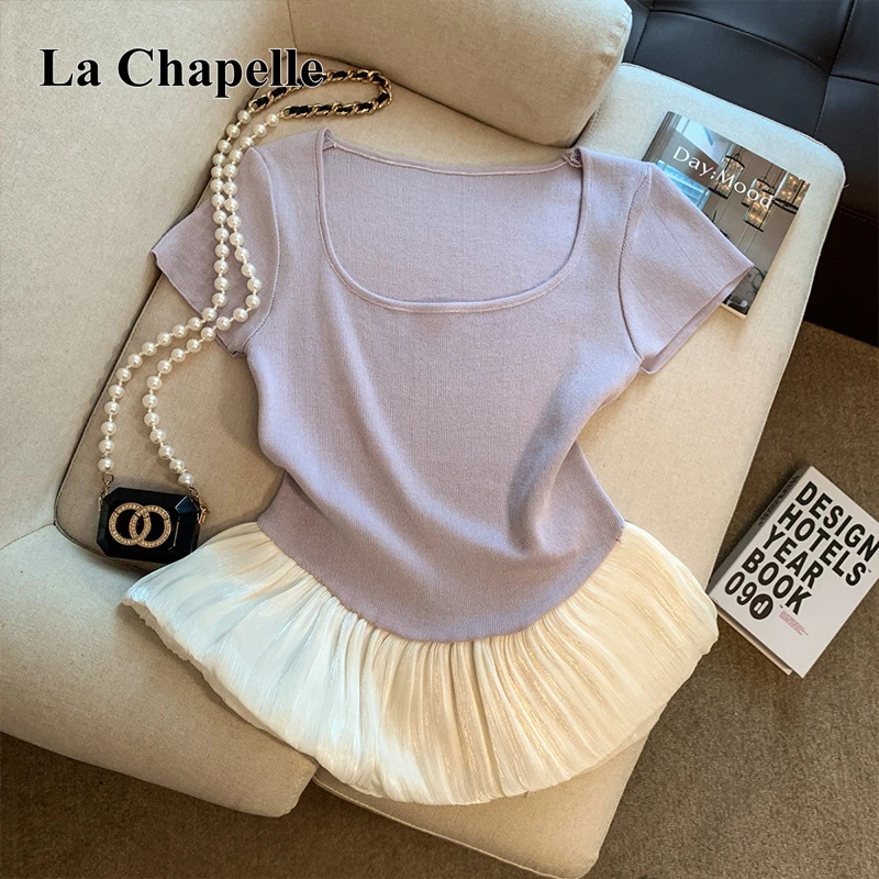 拉夏贝尔法式方领正肩短袖针织t恤女2025夏季百搭显瘦洋气衣服女