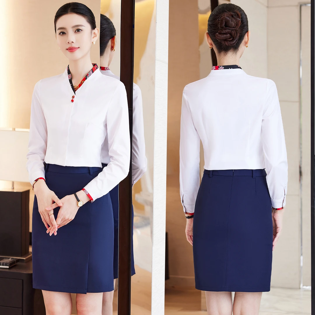 职业装空乘艺考面试正装空姐制服v领长袖白衬衫女长袖工作服衬衣