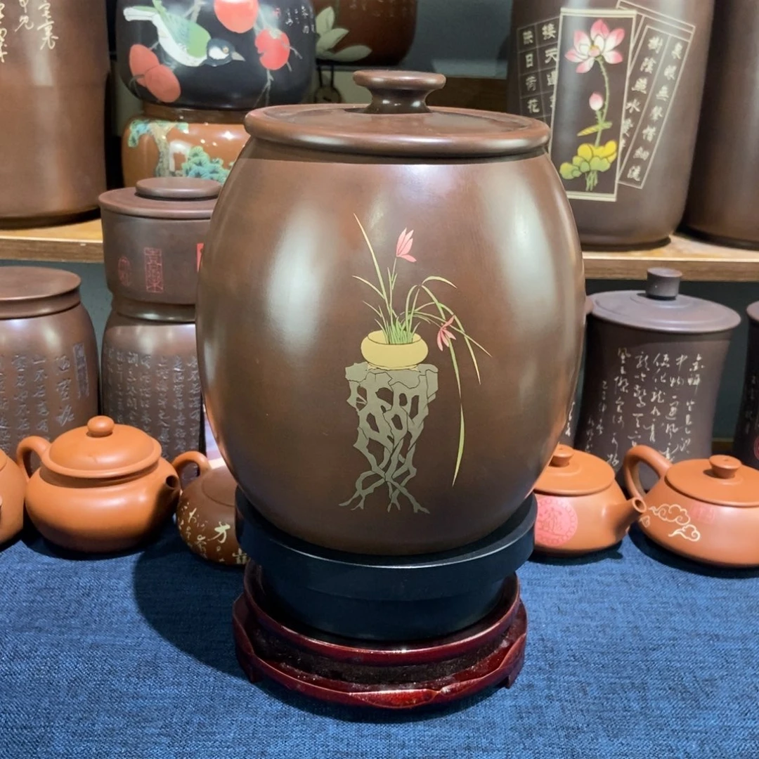 7建水紫陶手工精磨彩填醒茶罐