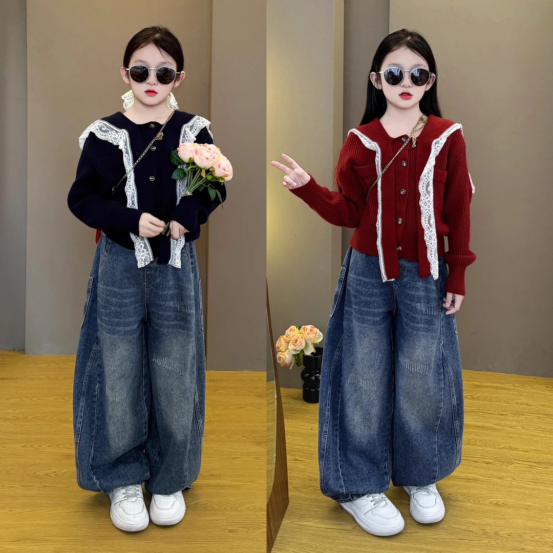 女童2025新款时尚韩版洋气春秋季休闲宽松拼接毛衣牛仔裤两件套潮
