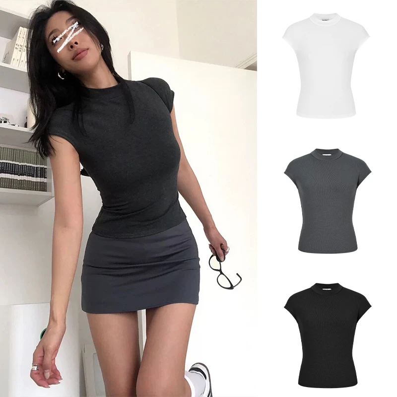 Moses Queen/魔西女王美式复古辣妹飞飞袖短款上衣显瘦纯欲短袖