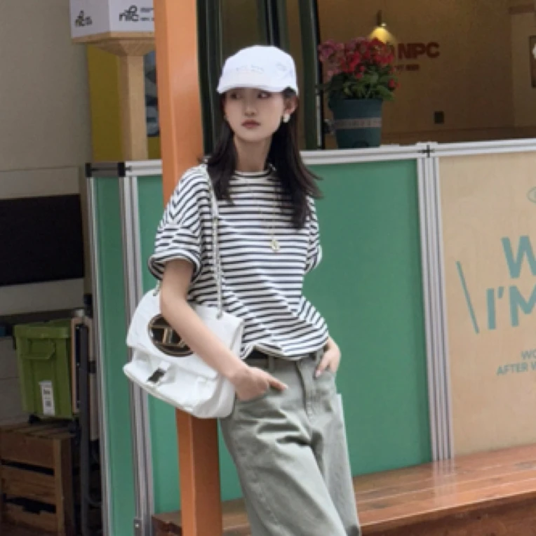 AMASS/阿玛施新款女装经典时尚百搭条纹圆领廓形T恤 5301090