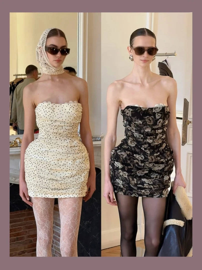 陈允朵*花瓶【沙漏腰】复古碎花波点蕾丝抹胸连衣裙短裙包臀裙