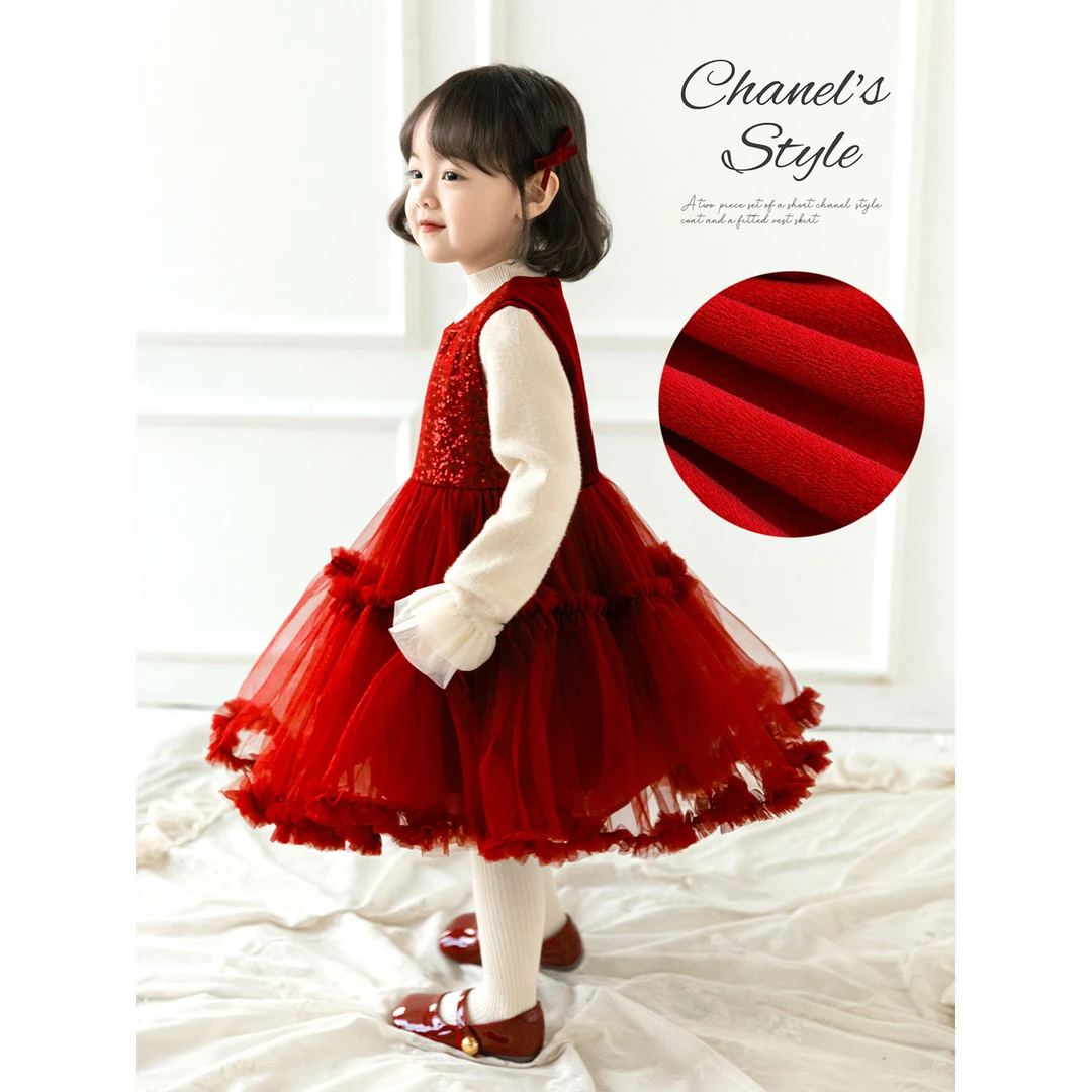幼悠女童2025冬季新款亮片加绒保暖连衣裙儿童公主裙年服潮D4797