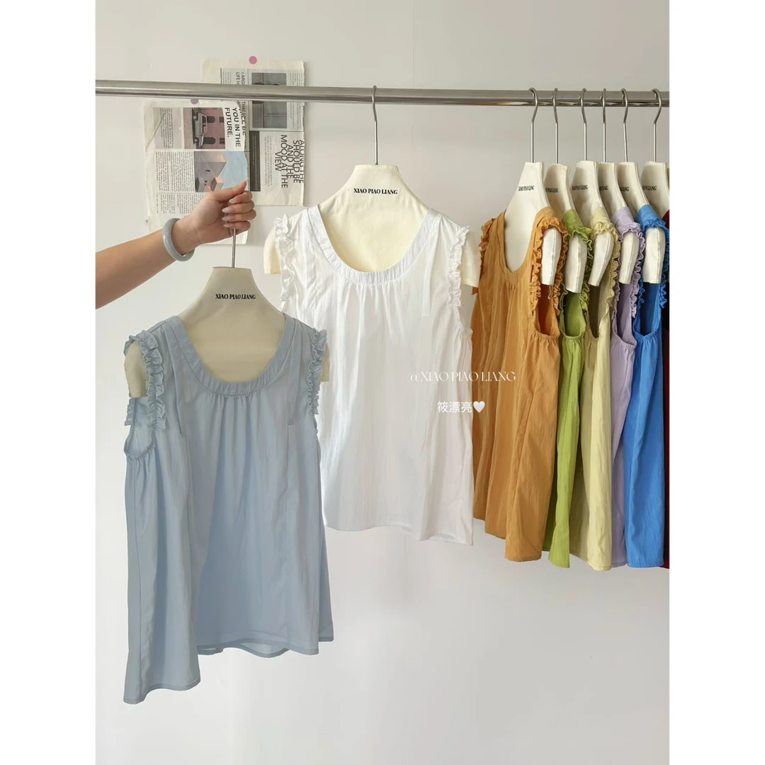 法式甜美减龄压褶设计感无袖上衣夏季ins简约百搭背心2614#0.1