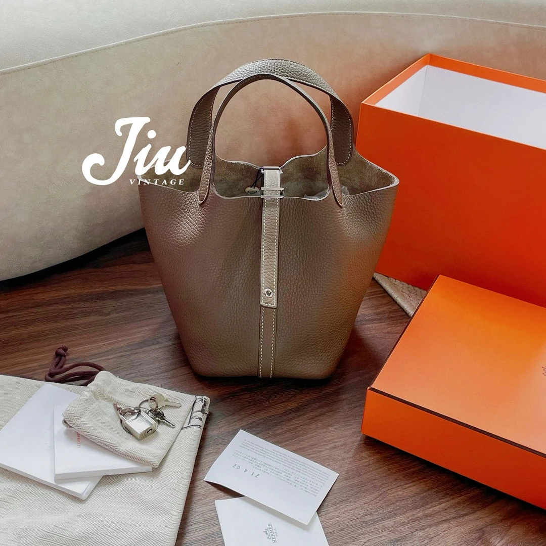 99新 Hermes/爱马仕 大象灰银扣18菜篮子Y刻盒子尘袋JM13-0387