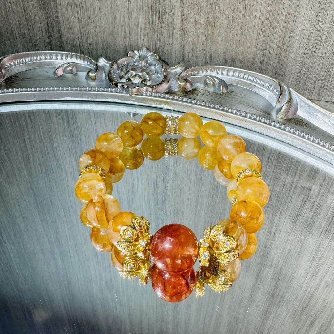 |金迷|黄胶花搭配红胶花设计水晶手串A0178