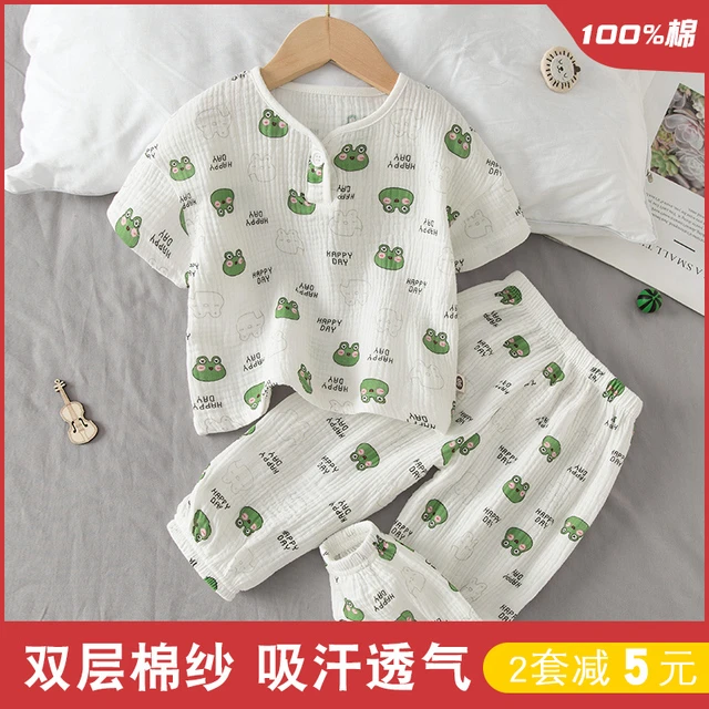 儿童睡衣棉纱宝宝夏季纯棉家居服男女童棉纱布小孩空调服套装薄款