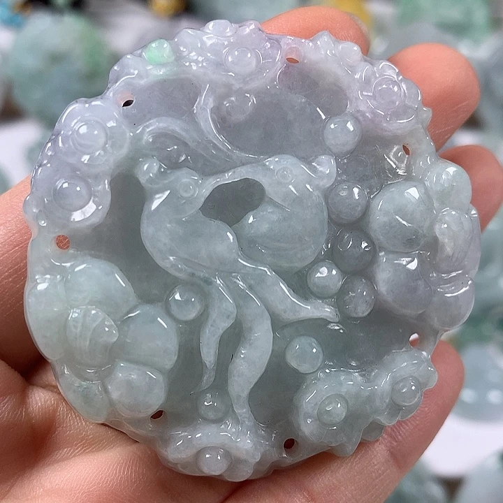 翡翠未镶嵌颈饰花开富贵两面工艺卡厚10+