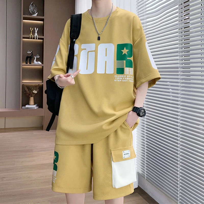 2025新款五分短裤运动套装男夏季潮流休闲宽松学生短袖港风两件套