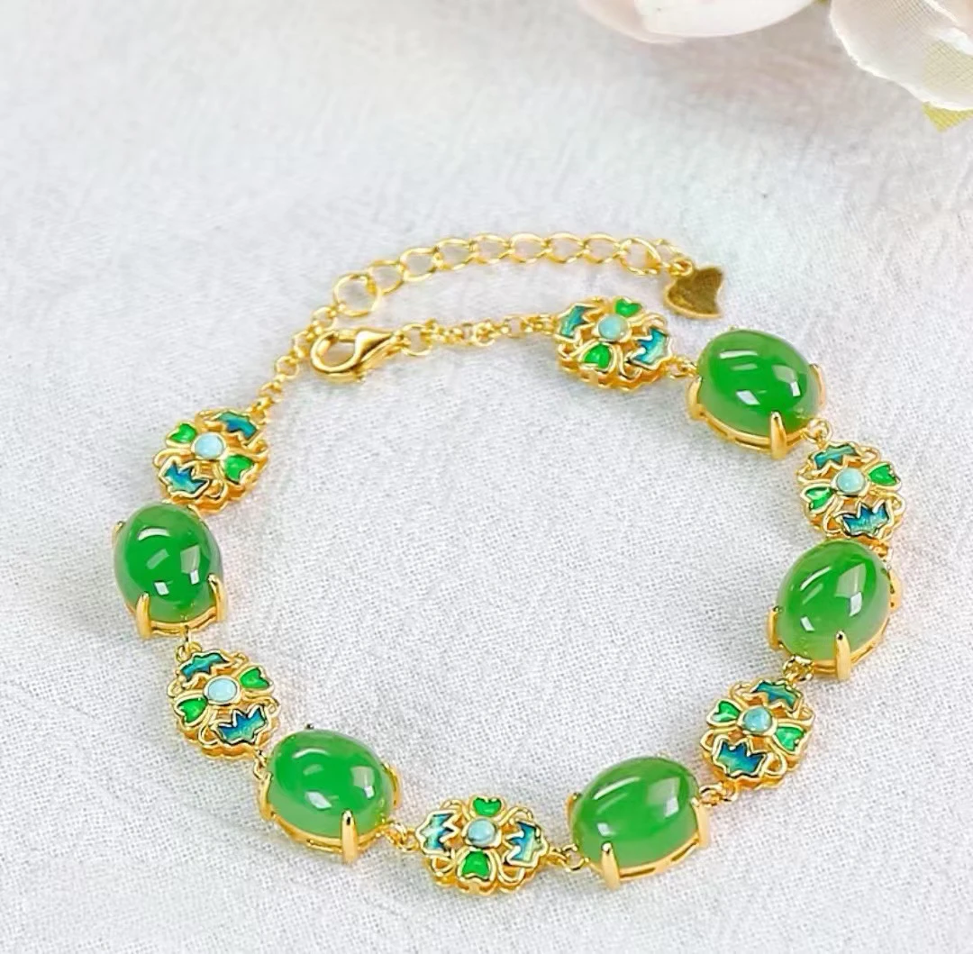 【限量补贴】999金珠新中式国风珐琅正冰阳绿青芽珠宝玉石手链