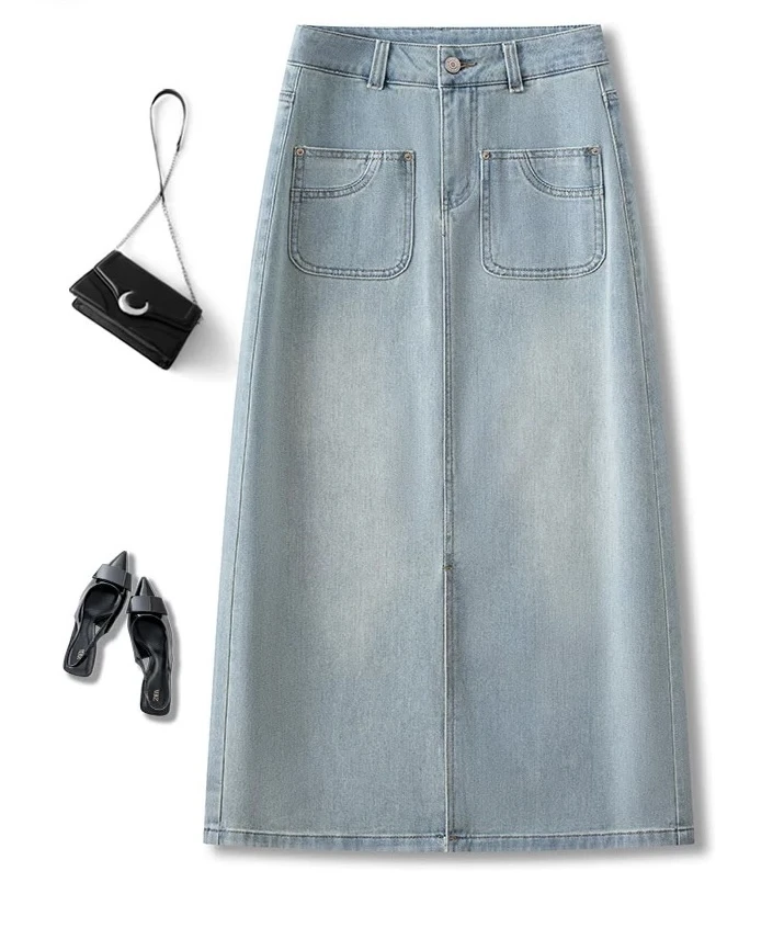 9902#秋款时尚高腰中长款牛仔半身裙