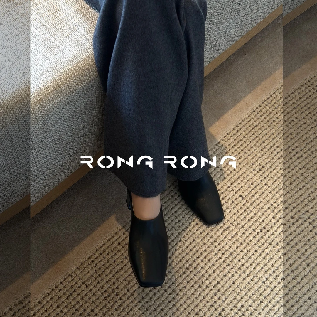 溶溶RONGRONG 牛皮撞色丝绸羊皮里法式复古方头粗跟鞋S25998-06