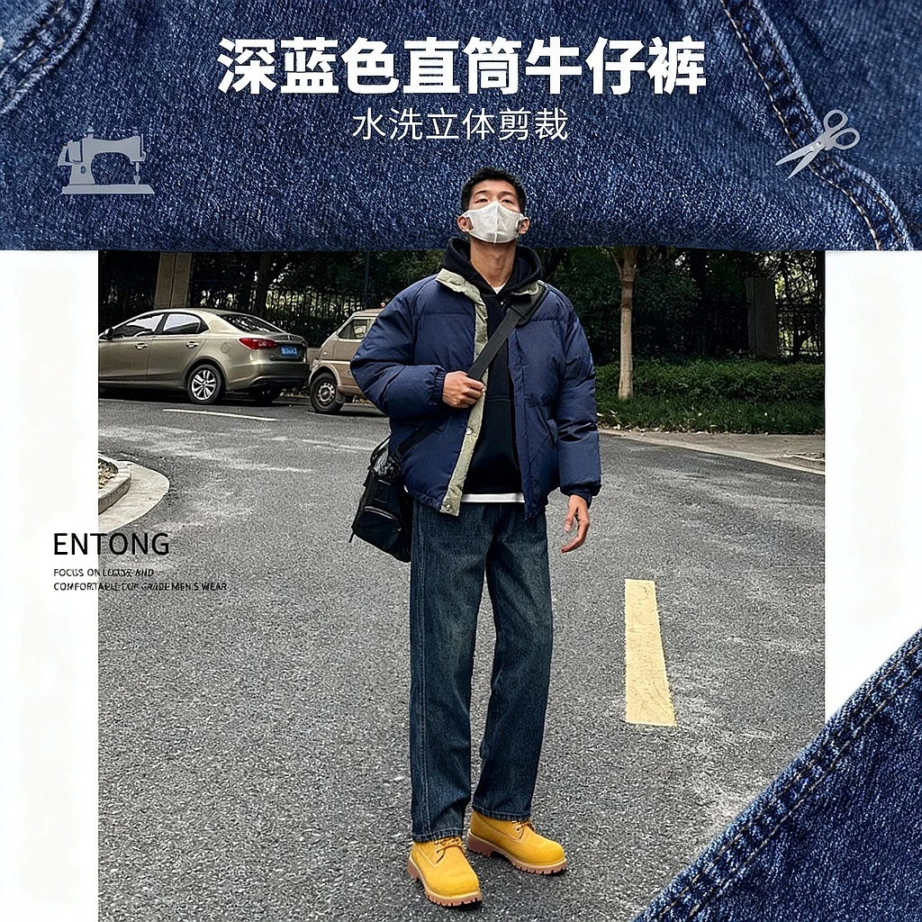 美式高街深蓝色牛仔裤男春季新款潮牌搭配马丁靴裤子痞帅直筒裤男