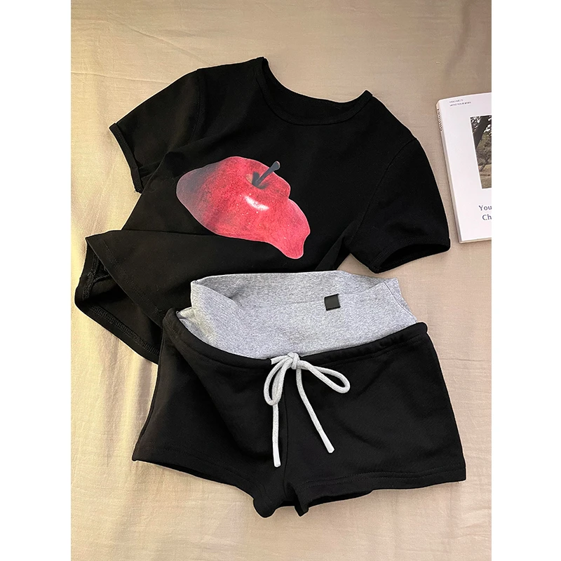 【苹果印花】韩系甜美休闲睡衣女夏款新款短裤短袖家居服套装可外穿