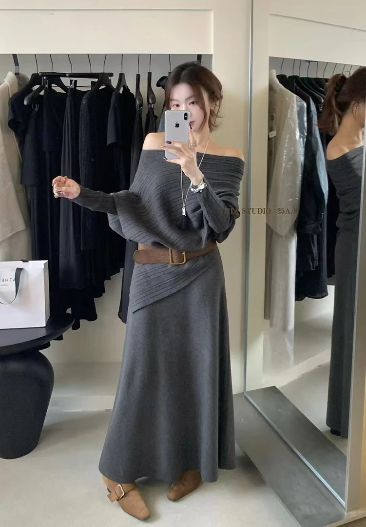 恩妮家 配腰带高级感气质露肩不规则针织小衫+松紧腰针织半身裙