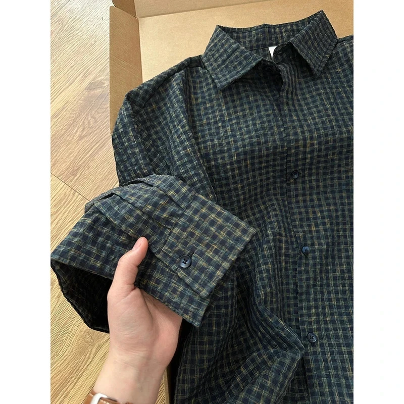 小香风编织感泡泡纱衬衫男款春夏几vintage格纹衬衣长袖情侣外套