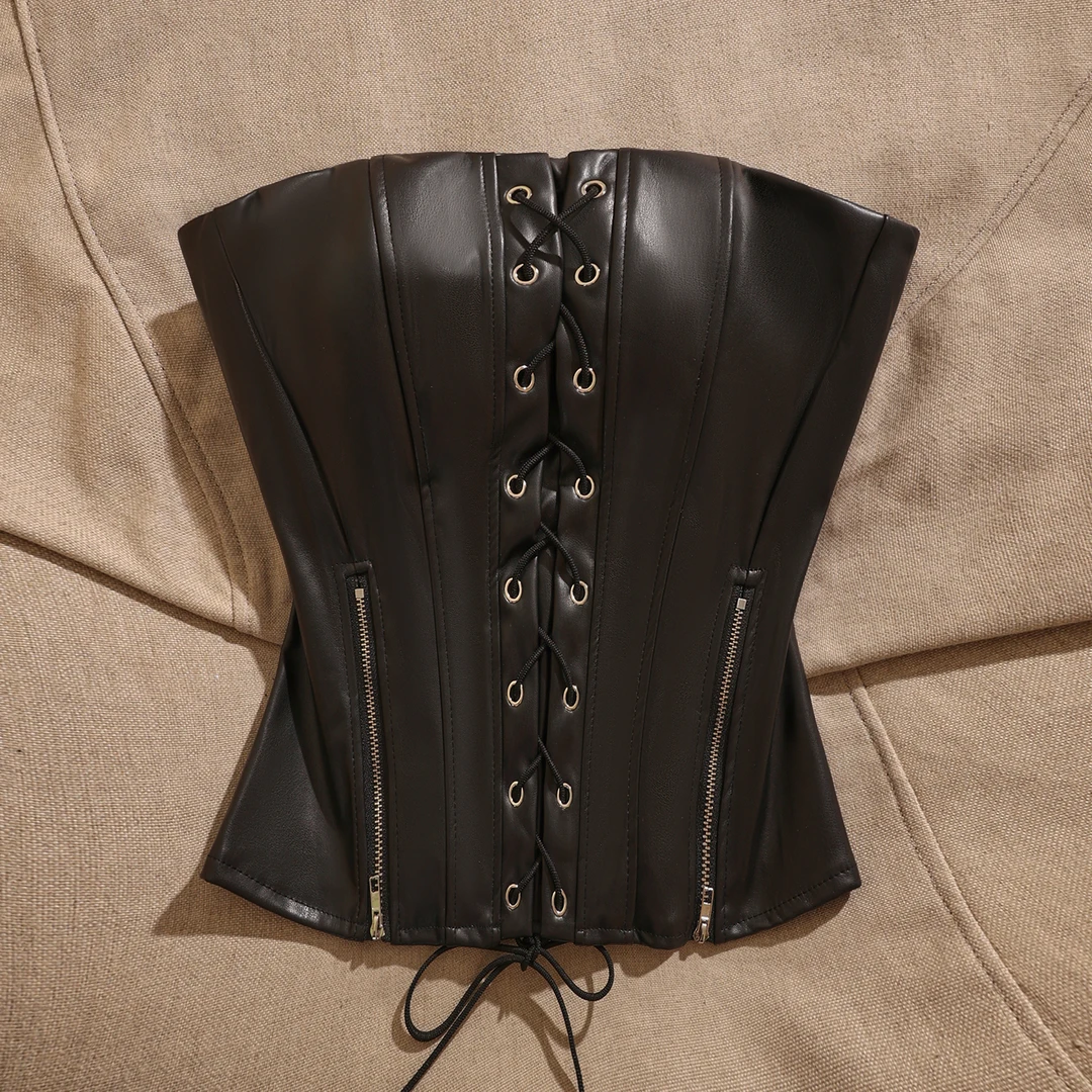 法式性感设计感系带皮衣抹胸背心女黑色拉链显瘦气质辣妹酷飒上衣