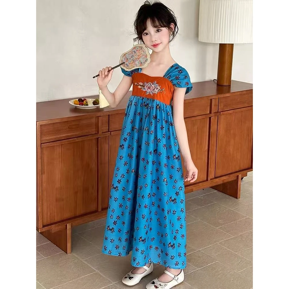 儿童旗袍女童夏装2025新款中国风新中式汉服碎花蓝色连衣裙上衣潮