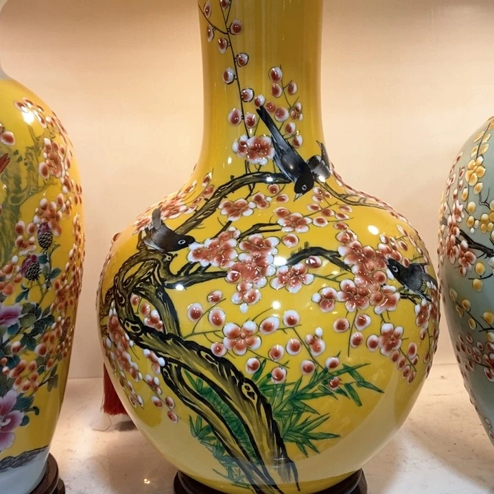 【闪购商品】摆件红*陶瓷天球黄底花瓶摆件