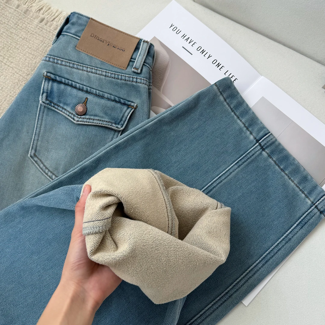 冰雪蓝复古解构弯刀牛仔裤女2025冬季新款加绒加厚显瘦宽松阔腿裤