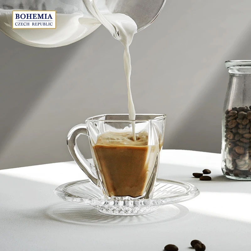 捷克进口水晶玻璃带把咖啡杯Bohemia透明带碟茶杯水杯套装