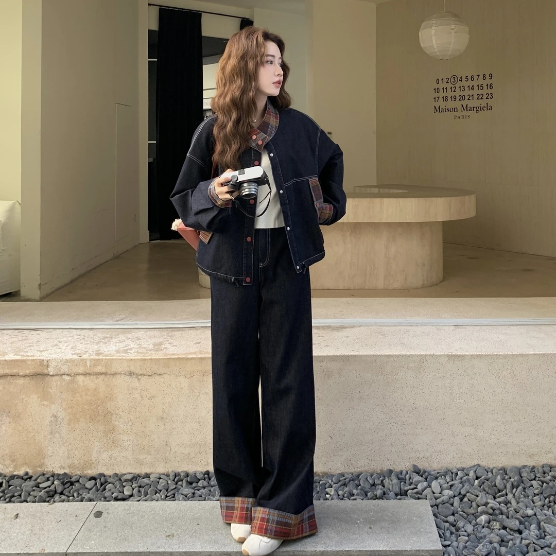 时髦休闲风气质减龄牛仔套装女秋季新款撞色格子上衣阔腿裤两件套