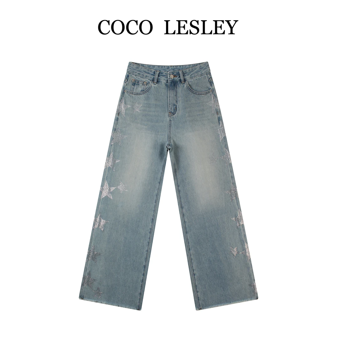 【COCO LESLEY】侧边烫钻闪钻星链阔腿微喇裤LW5531