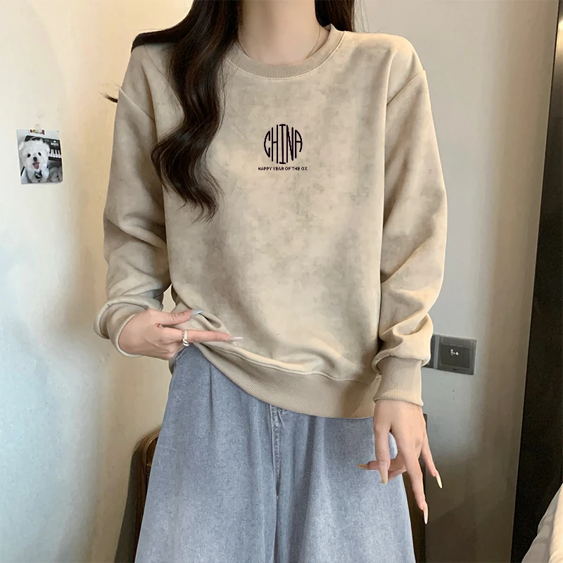 2025秋冬新款美式复古扎染圆领套头无帽卫衣女设计感宽松上衣外套