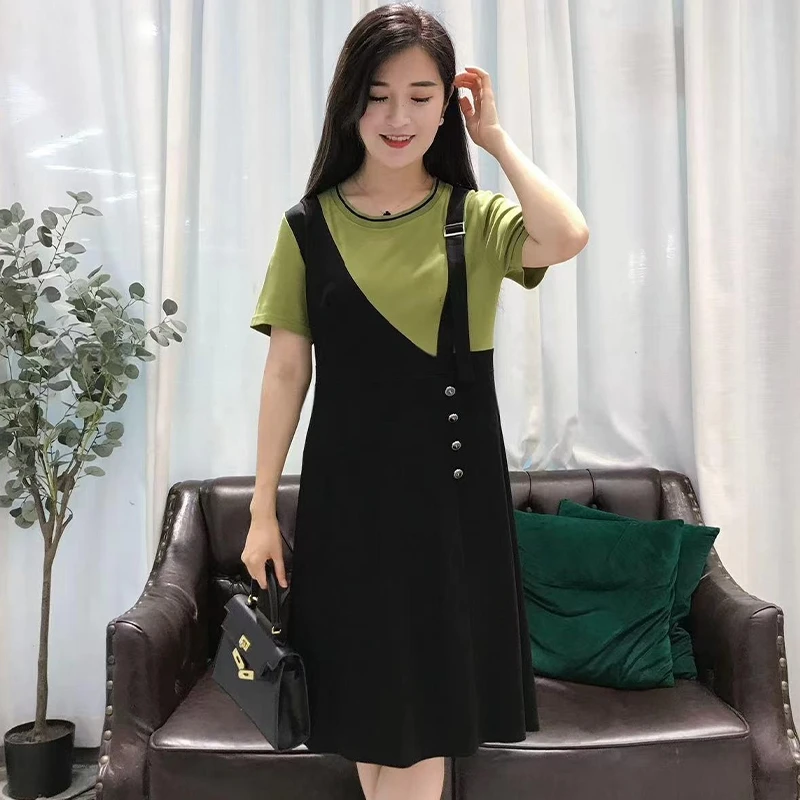 假两件连衣裙女士夏装新款时尚小个子胖mm显瘦遮肚子休闲短袖裙子