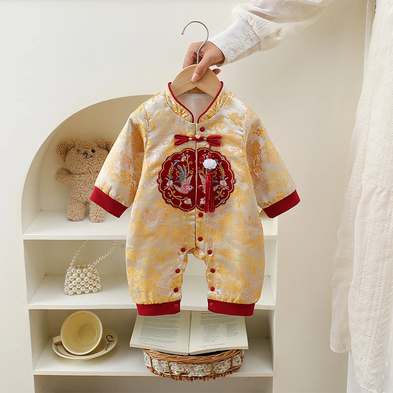 MT满月婴儿连体衣春秋长袖双鸟山水画男宝宝周岁礼服喜庆ZPQ5314