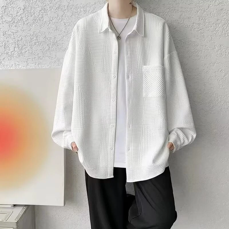 纯色长袖衬衫男士韩版高级感帅气春秋季新款宽松提花美式休闲衬衣