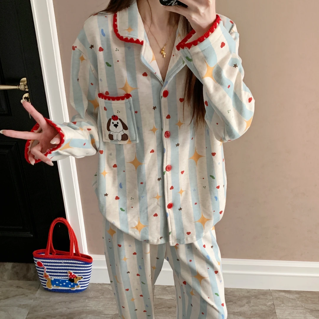 睡衣女秋冬季时尚长袖2025新款可外穿保暖小狗大码春秋家居服套装