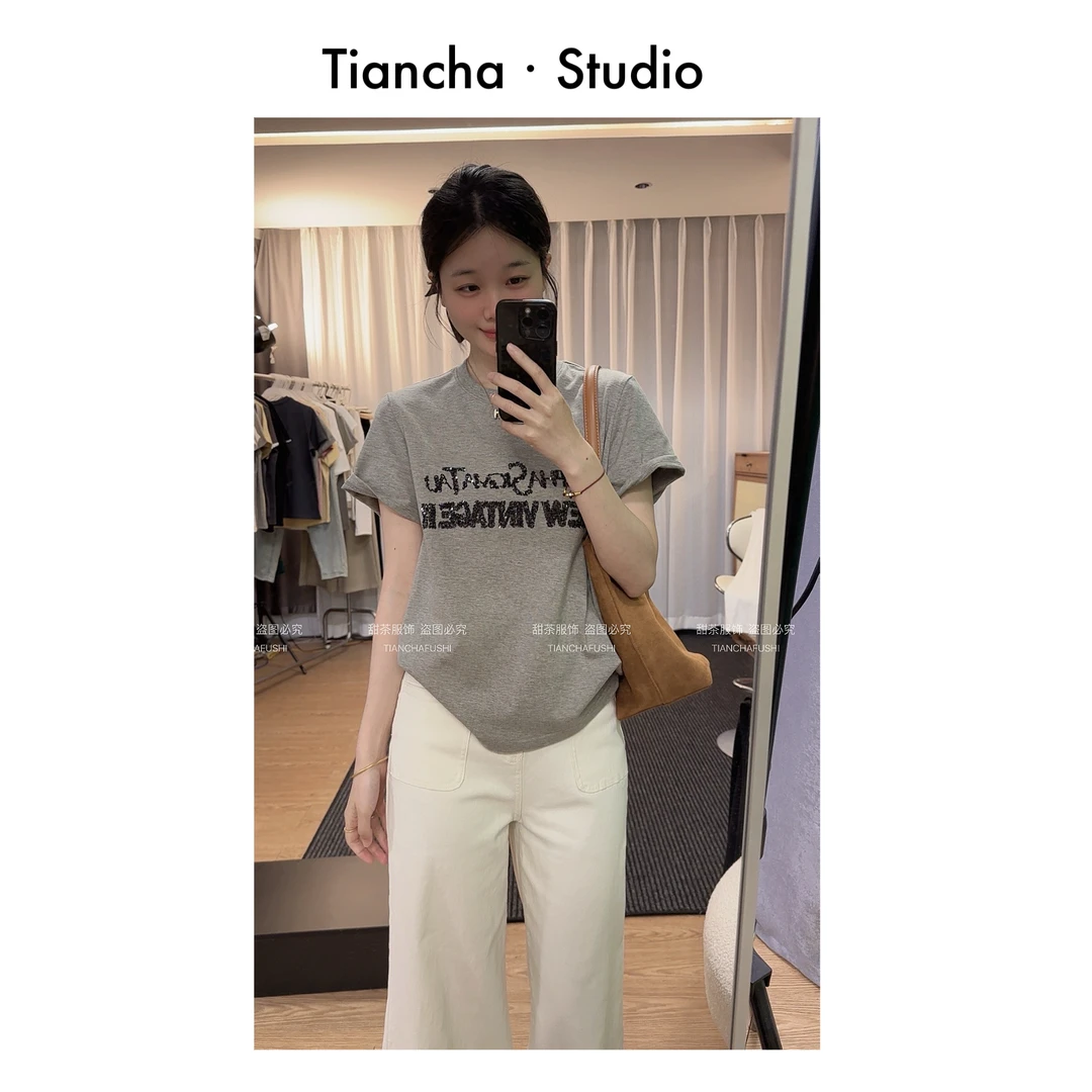 sweetc【珠片绣】M273#夏季韩版风正肩短袖T恤女重工时尚设计感百搭