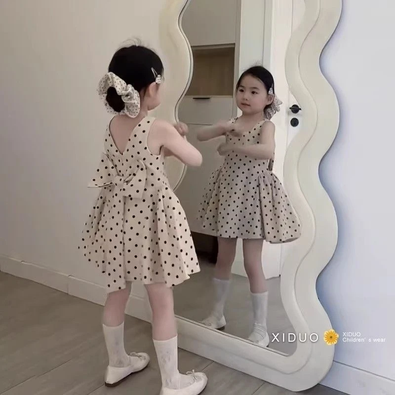女童法式波点蝴蝶结公主裙夏款新品小女孩气质高级感收腰连衣裙