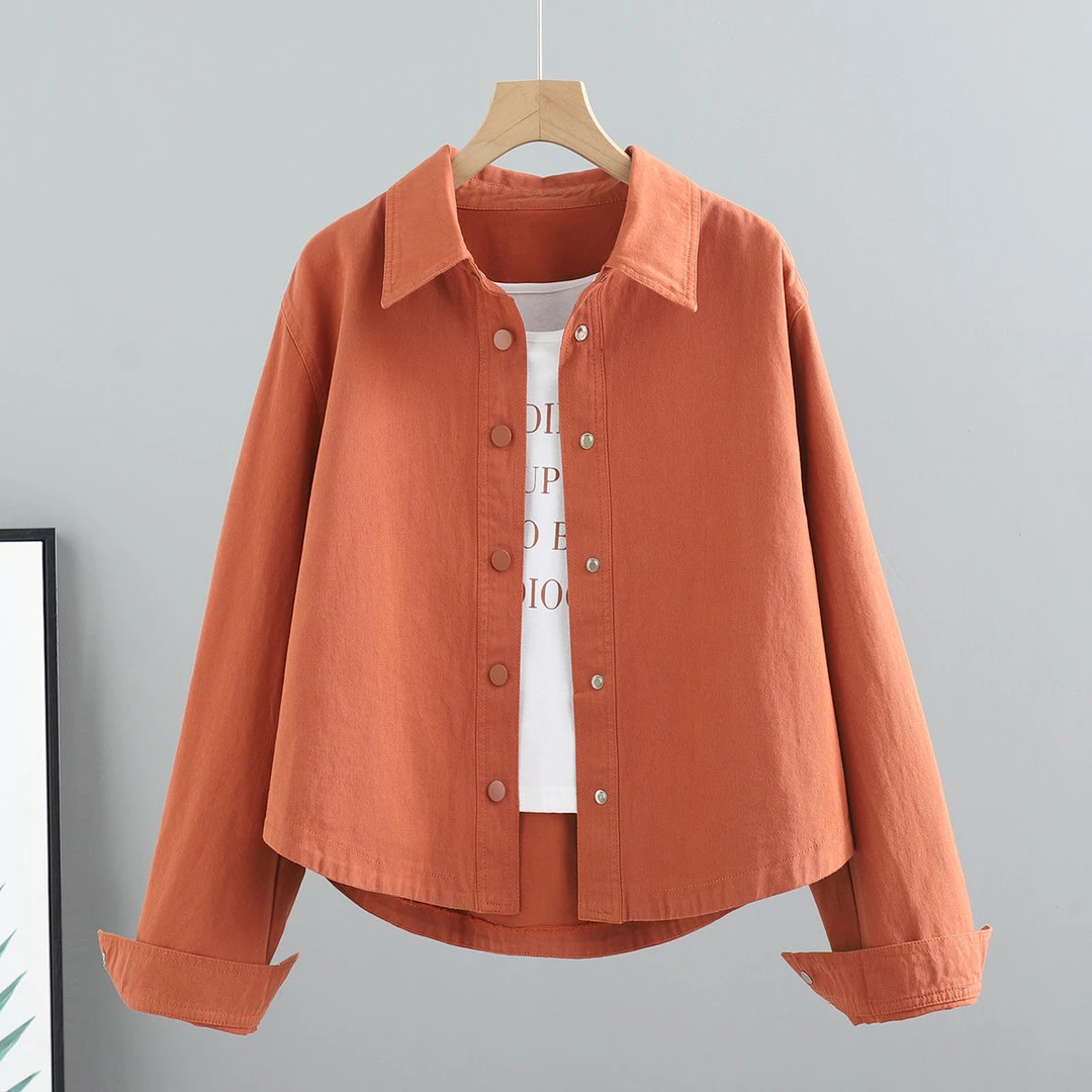 纯色短款时尚外套春秋季新款韩版宽松百搭长袖衬衫女工装夹克上衣