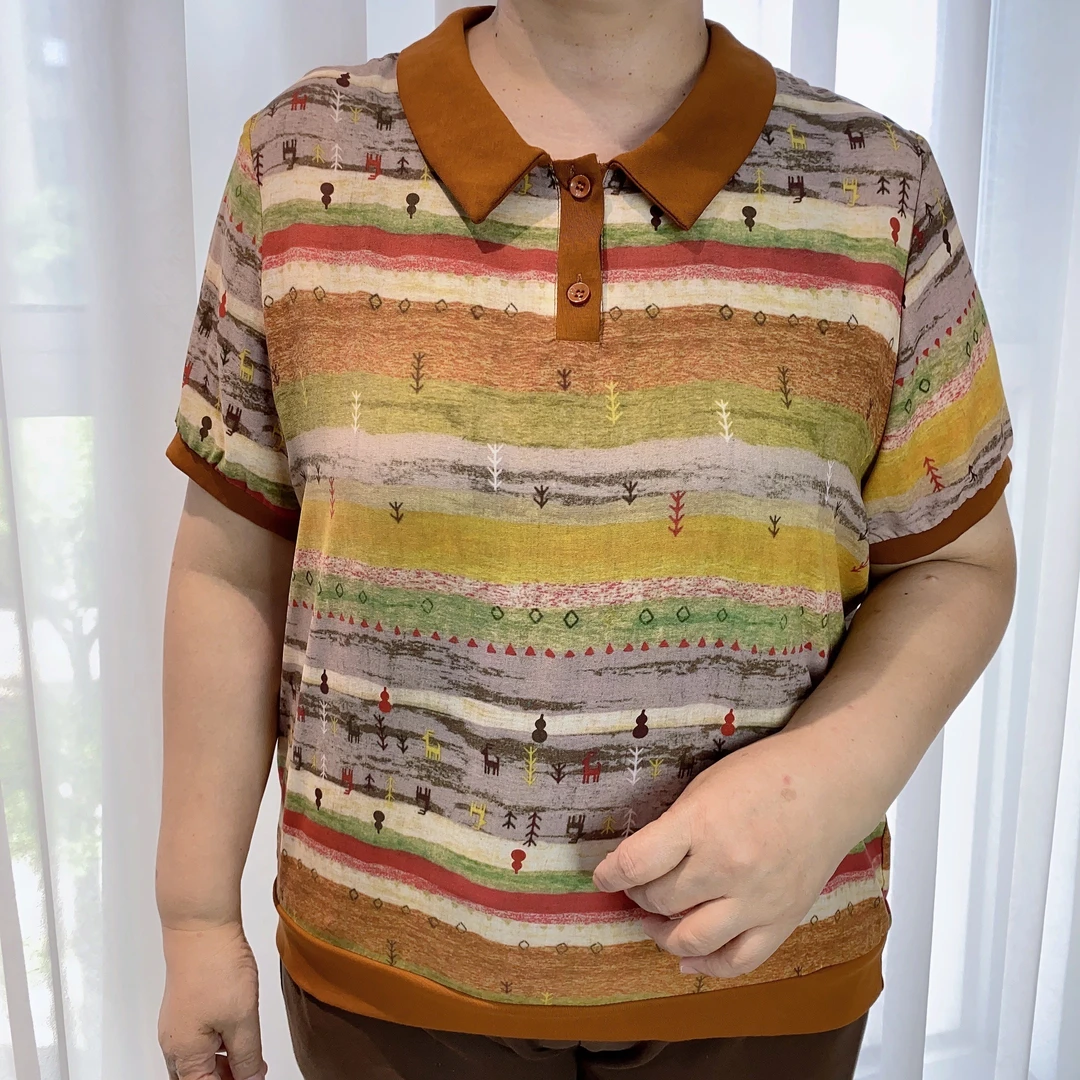 妈妈装夏季短袖时尚潮牌显瘦女士独特漂亮欧若拉雪纺流行小衫2558