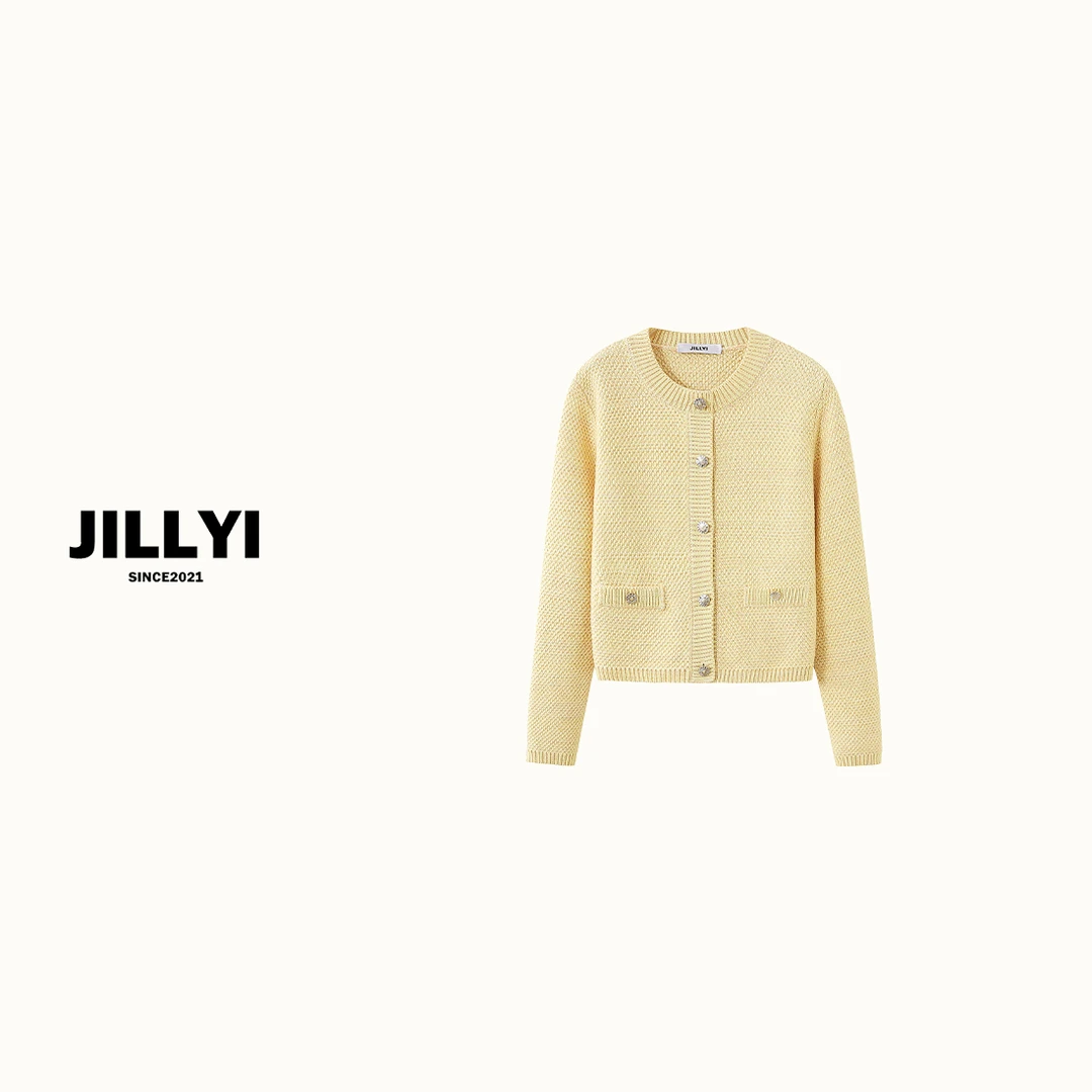 JILLYI1【香甜精灵】芒果黄圆领单排扣时尚简约小香风针织开衫