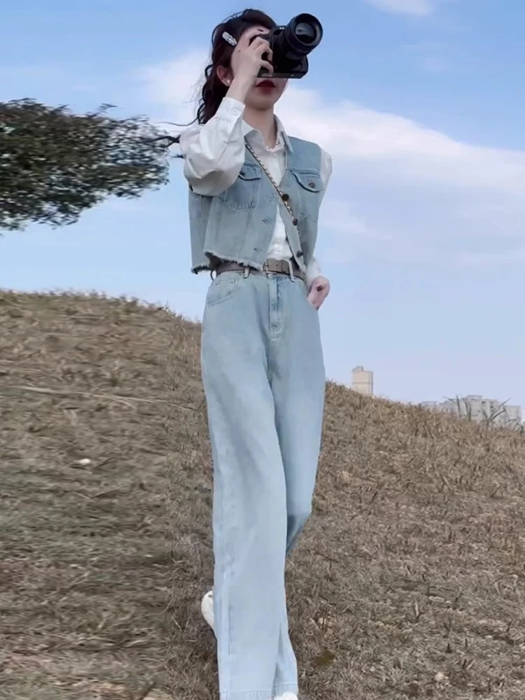 美式甜酷风牛仔套装女2025春新款高级感炸街马甲衬衫阔腿裤三件套