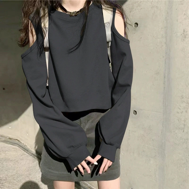 灰色长袖t恤女小个子短款春秋新款内搭洋气宽松露肩高级感上衣