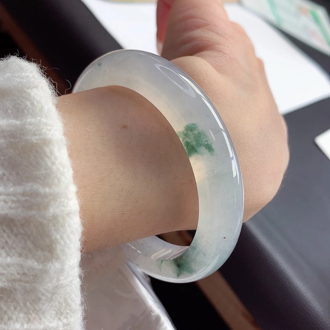 未镶嵌手镯翡翠天然A货翡翠54-55冰底生撒乌鸡招米4号