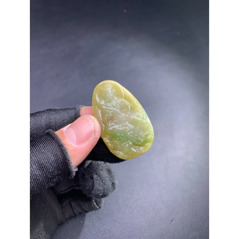 天然A货翡翠文殊菩萨守护神本命佛冰黄翡时尚气质女款吊坠挂坠
