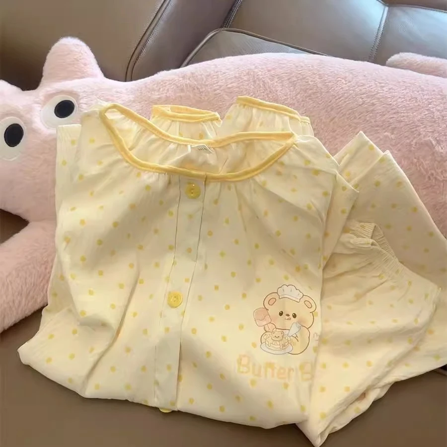 黄油厨师饼饼睡衣女生卡通可爱风开衫长袖春秋季家居服可外穿套装