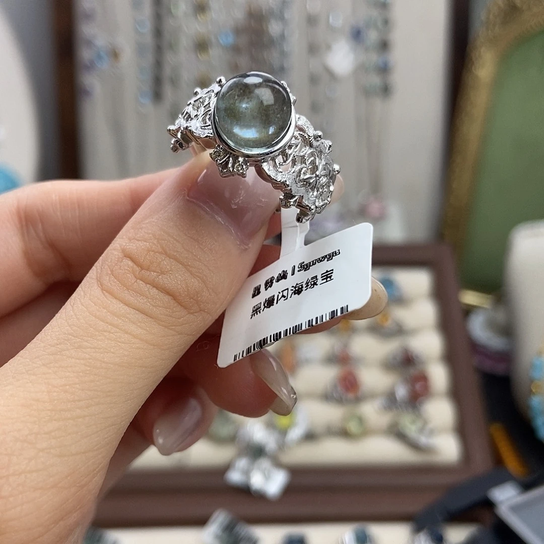 P***❀水晶戒指银S925镶嵌黑爆闪十字