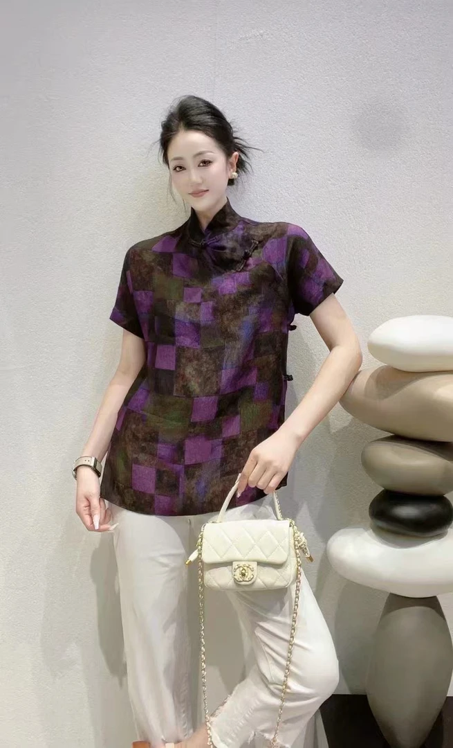 莹莹欧货【国风格子盘扣衬衣】新中式复古气质时尚花色短袖上衣2615