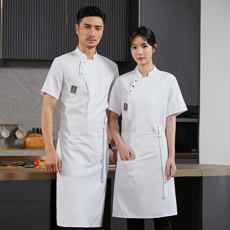 时尚三扣透气网厨师工作服短袖夏季星级酒店饭店餐饮服务员服装