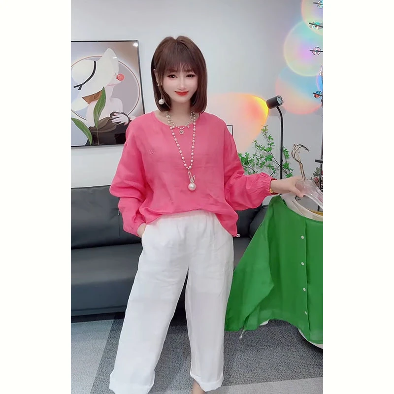 高端糖果色时尚亚麻衬衫2025夏季新款宽松显瘦后扣长袖防晒衫