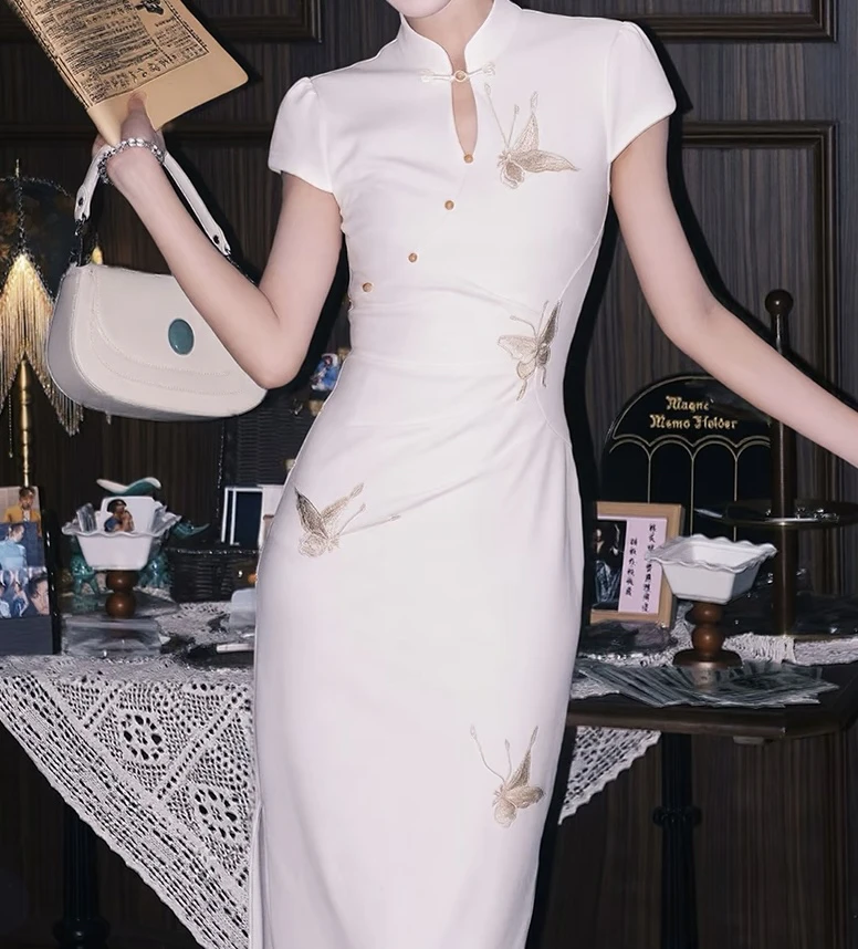 【昕雨】国风新中式蓝色蝴蝶裙温婉优雅气质收腰显瘦旗袍裙