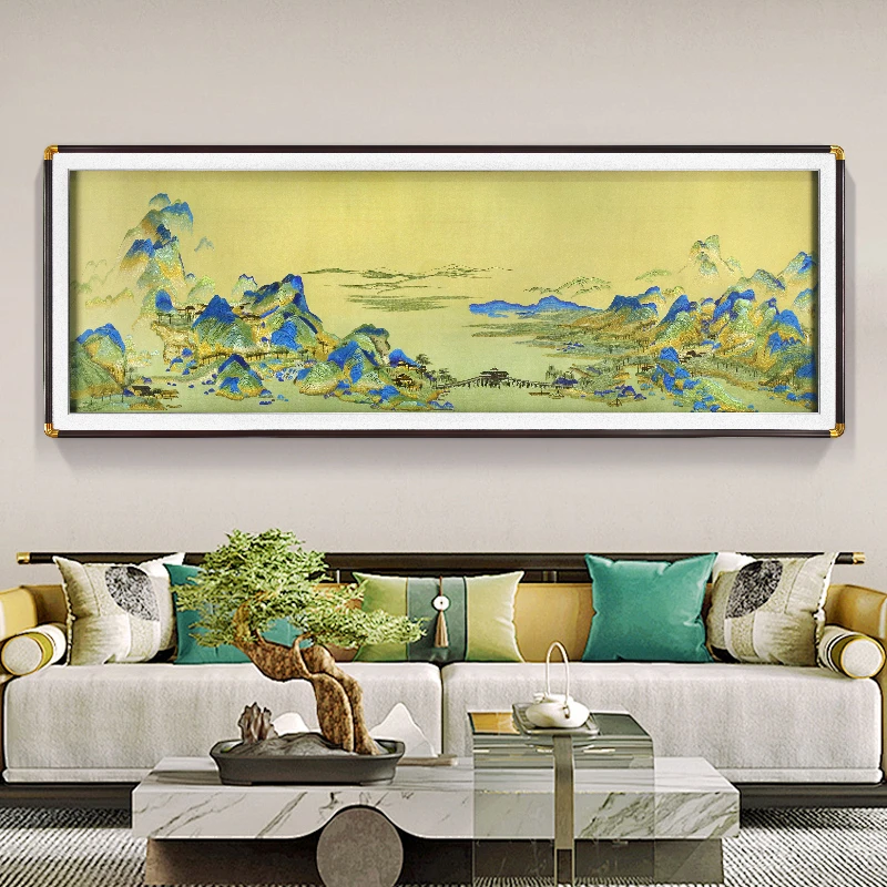 【苏绣坊】新款千里江山客厅沙发背景墙大气苏绣满绣客厅背景墙挂画