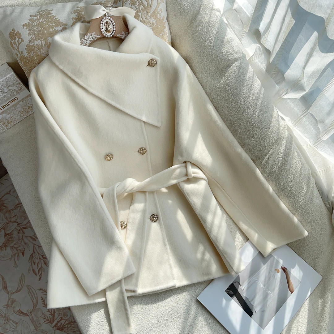 【现货秒发】【漫月】高级感加厚毛呢外套收腰小个子短款白色大衣